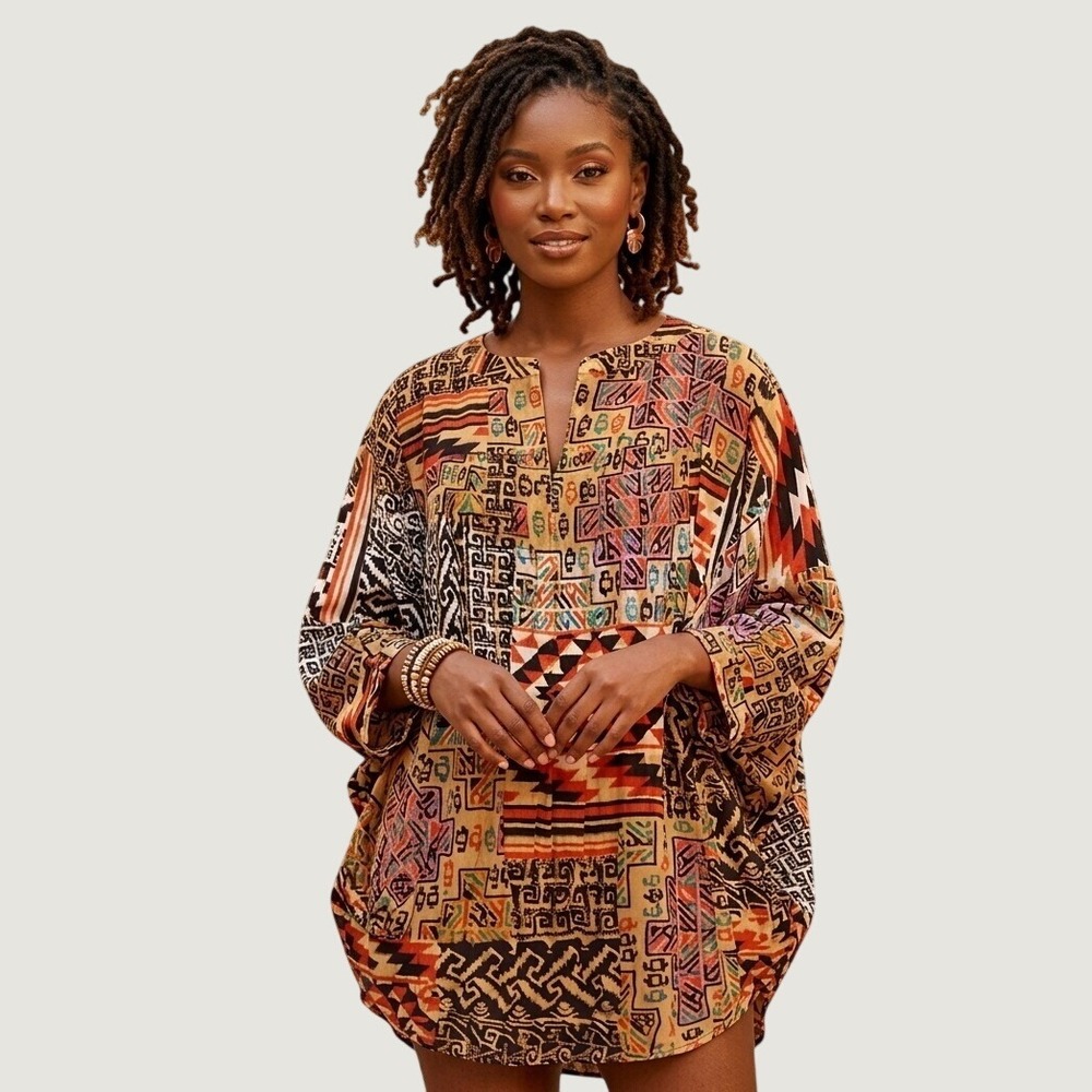 Tolani Collection Women Tribal Patchwork Print Button Front Blouse Brown Multi M